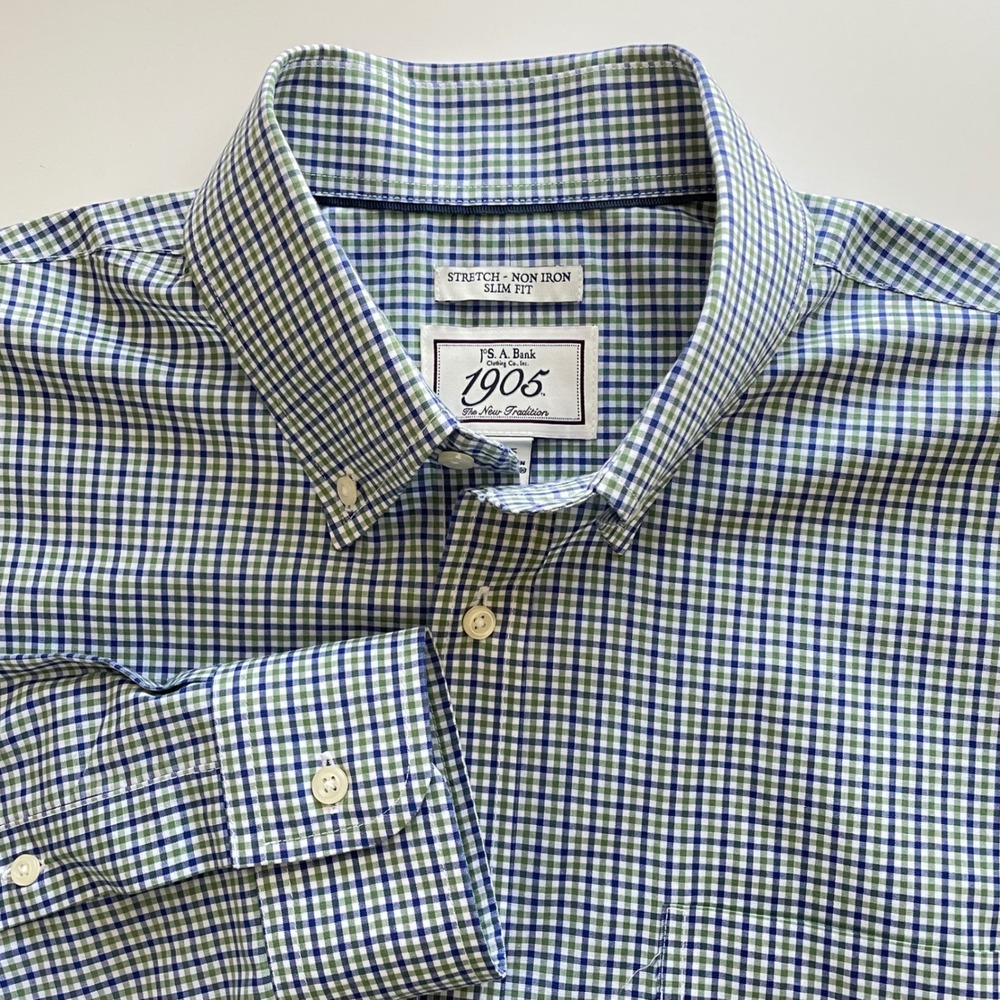 Jos A Bank 1905 Mens 17-35 Slim Fit Stretch Non Iron Gingham Shirt Green Blue